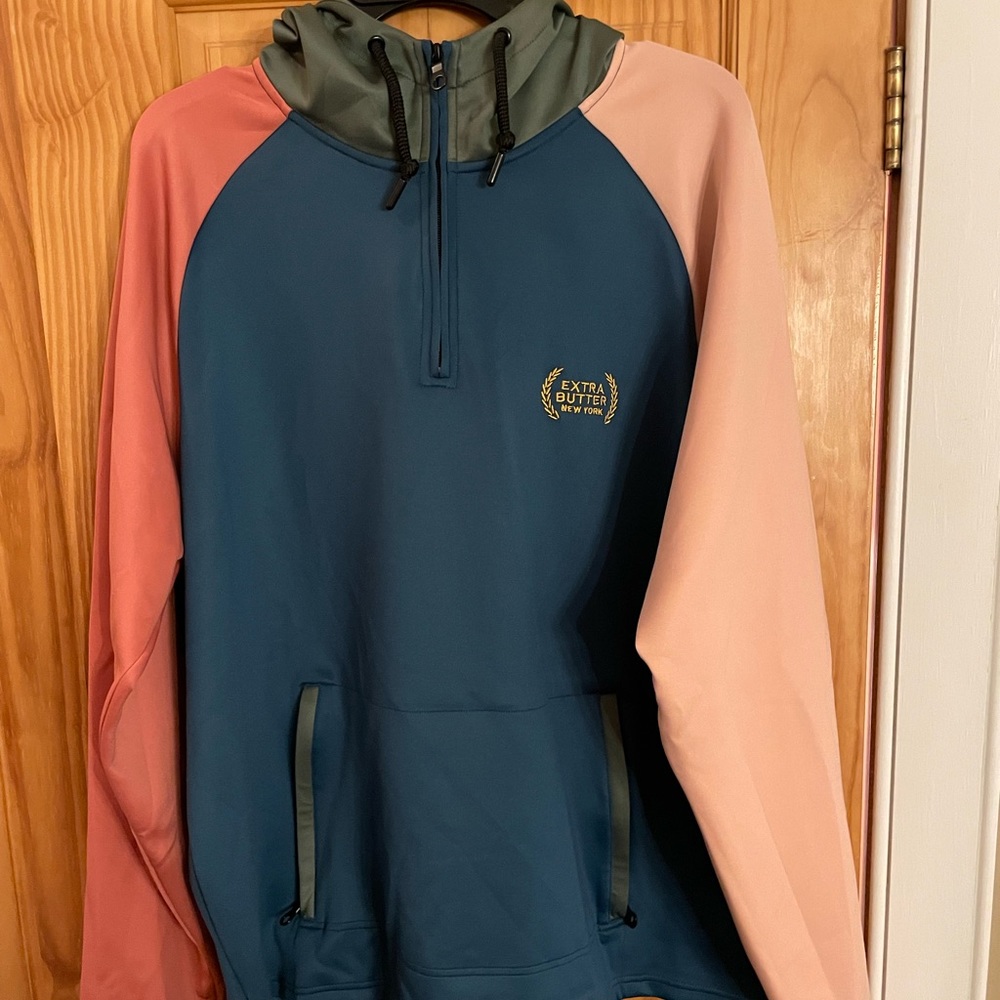 Extra Butter mens multicolor 1/4 zip hooded sweatshirt. Size large